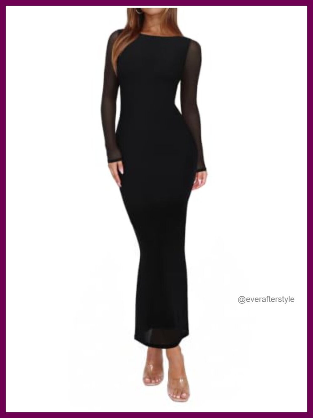 Women's Mesh Sheer Long Sleeve Floral Bodycon Maxi Wedding Guest Dress